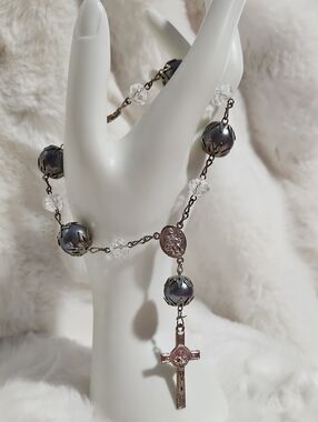 Vintage-Inspired Gray Pearl Rosary Bracelet Or Car Review Mirror Dangle Cross